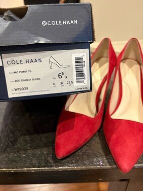 Cole Haan Red Dahlia Suede Pointed Toe Pumps, size 6.5